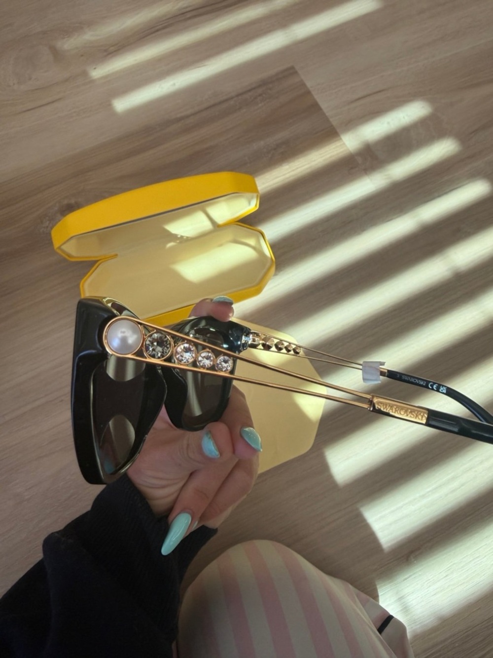 Swarovski Black Sunglasses with Gold Arms, Crystals and Pearl